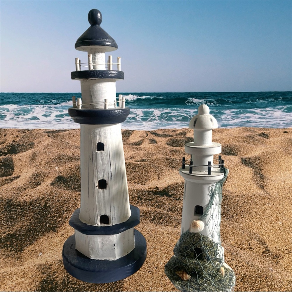 GUC. 2 Blue and White Wooden Tabletop Lighthouses. Lightweight. Distressed.